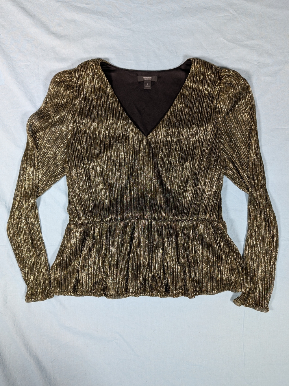 Simply Vera Vera Wang Metallic Gold V-Neck Peplum Long Sleeve Top